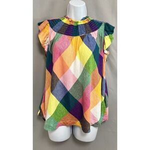 Crown & Ivy Women's Linen  Diamond‎ Top, Large Multicolor, Pleated Sleeve Womens